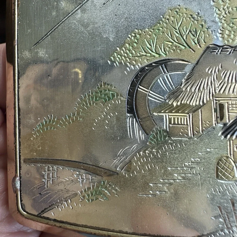 VTG Japanese Damascene Compact Case 2.75 Inch Mirror Temple Mount Fuji Guilloche